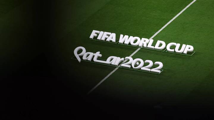 AL KHOR, QATAR - NOVEMBER 29: The FIFA World Cup Qatar 2022 text logos are seen on the pitch prior to the FIFA World Cup Qatar 2022 Group A match between Netherlands and Qatar at Al Bayt Stadium on November 29, 2022 in Al Khor, Qatar. (Photo by Mohamed Farag/Getty Images)