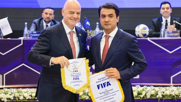 DUSHANBE, TAJIKISTAN - MAY 02: FIFA President Gianni Infantino (L) and CAFA President and Tajikistan Football Federation (TFF) President Rustam Emomali (R) pose for a photo with pennants during the 8th CAFA Congress on May 02, 2023 in Dushanbe, Tajikistan. (Photo Courtesy by FA Tajikistan Media Department)