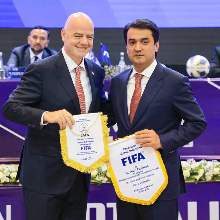 DUSHANBE, TAJIKISTAN - MAY 02: FIFA President Gianni Infantino (L) and CAFA President and Tajikistan Football Federation (TFF) President Rustam Emomali (R) pose for a photo with pennants during the 8th CAFA Congress on May 02, 2023 in Dushanbe, Tajikistan. (Photo Courtesy by FA Tajikistan Media Department)