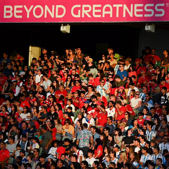 AUCKLAND, NEW ZEALAND - FEBRUARY 17: Fans show their support during the International Friendly match between Argentina and Chile as part of the 2023 FIFA World Cup Play Off Tournament at North Harbour Stadium on February 17, 2023 in Auckland, New Zealand. (Photo by Hannah Peters - FIFA/FIFA via Getty Images)