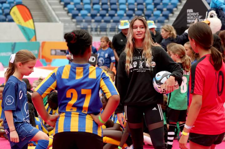 FIFA Freestyler Lia Lewis and young players at the Trophy Tour and Unity Pitch event, Melbourne