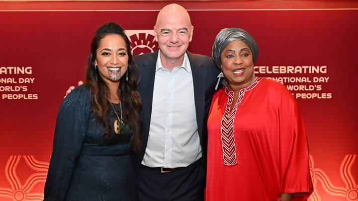 SYDNEY, AUSTRALIA - AUGUST 09: FIFA President Gianni Infantino (C) with Oriini Kaipara (L) and FIFA Secretary General Fatma Samoura (R) at the International Day of the World's Indigenous People event at Park Hyatt Hotel on August 09, 2023 in Sydney / Gadigal, Australia. (Photo by Harold Cunningham/FIFA)