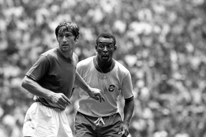 Italy's Tarcisio Burgnich and Brazil's Pele during the 1970 FIFA World Cup Final