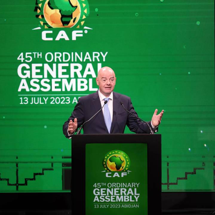 ABIDJAN, CÔTE D'IVOIRE - JULY 13: FIFA President Gianni Infantino speaks during the 45th CAF Ordinary General Assembly on July 13, 2023 in Abidjan, Côte d'Ivoire. (Photo by Sydney Mahlangu/BackpagePix)