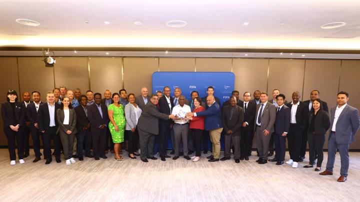 AUCKLAND, NEW ZEALAND - OCTOBER 23: FIFA Strategic Meeting for Oceania MAs group photo at Cordis Hotel on October 23, 2022 in Auckland, New Zealand. (Photo by Chris Hyde - FIFA/FIFA via Getty Images)