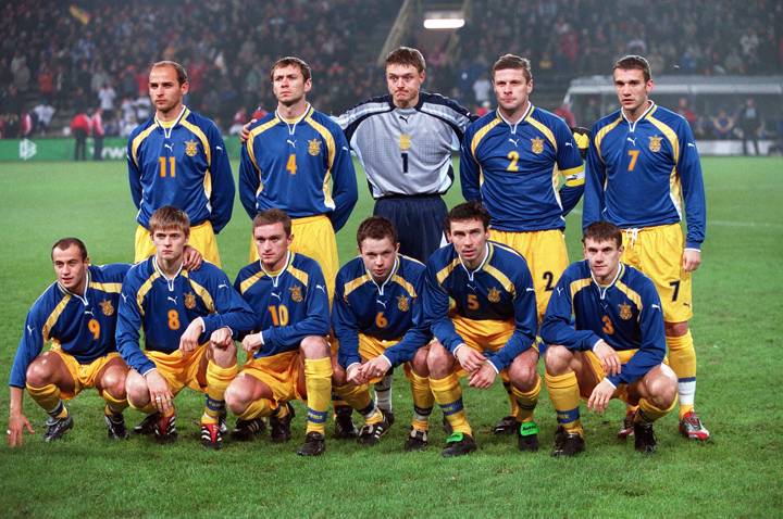 Ukraine line up before a FIFA World Cup play-off against Germany in 2001