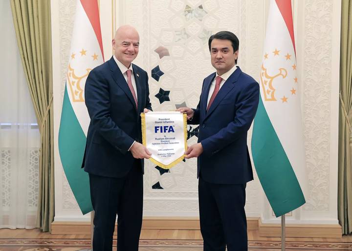 DUSHANBE, TAJIKISTAN - MAY 02: FIFA President Gianni Infantino meeting with Tajikistan Football Federation (TFF) President Rustam Emomali during his visit to Tajikistan on May 2, 2023 in Dushanbe, Tajikistan. (Photo Courtesy by FA Tajikistan Media Department)