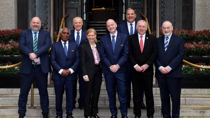 LONDON, ENGLAND - MARCH 04: (L-R) Irish FA President Conrad Kirkwood, FIFA Vice-President and OFC President Lambert Maltock, FIFA Council Member Hany Abo Rida, The Football Association Chairperson Debbie Hewitt, FIFA President Gianni Infantino, FIFA Vice-President and CONCACAF President Victor Montagliani, The Football Association of Wales President Steve Williams and Scottish Football Association President Rod Petrie during the IFAB 137th AGM at The London Marriot Hotel County Hall on March 04, 2023 in London, England. (Photo by Tom Dulat - The FA/The FA via Getty Images)
