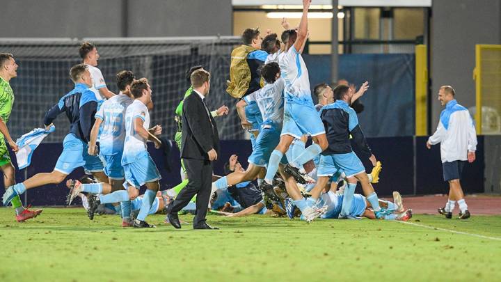 Nicko Sensoli celebrates his goal against Liechtenstein