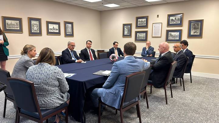 FIFA President Gianni Infantino meets with Senator Todd Young from Indiana and Senator Kevin Cramer from North Dakota (R) at the U.S. Capitol 