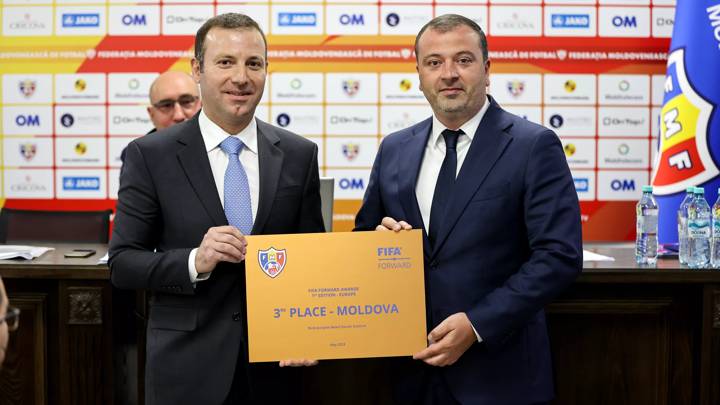 CHIȘINĂU, MOLDOVA - MAY 26: FIFA Director Member Associations Europe Elkhan Mammadov (L) with President of the Moldovan Football Federation Leonid Oleinicenco (R) during the FIFA Forward Awards - Moldova presentation on May 26, 2023 in Chișinău, Moldova. (Photo courtesy of FMF)