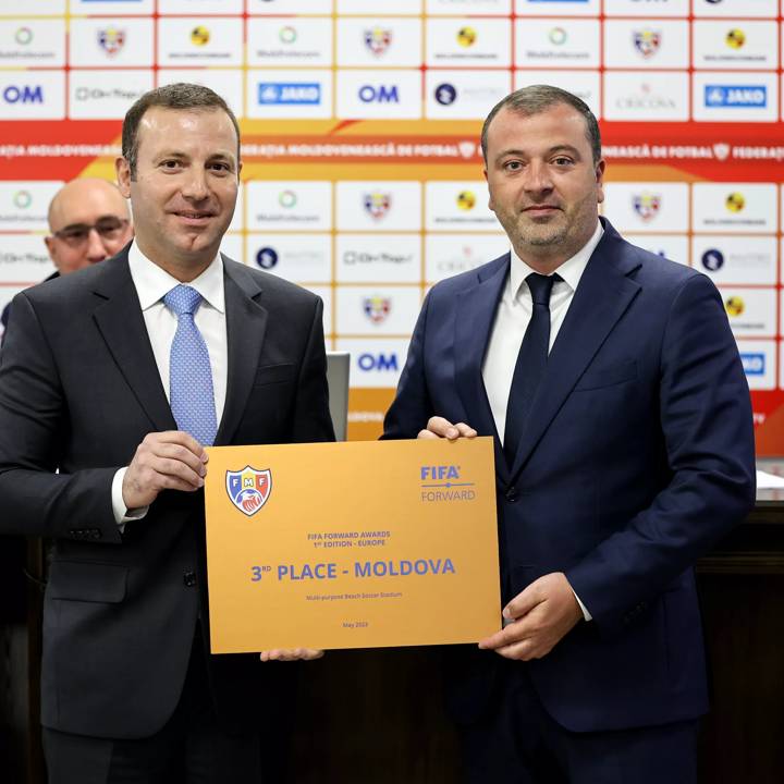 CHIȘINĂU, MOLDOVA - MAY 26: FIFA Director Member Associations Europe Elkhan Mammadov (L) with President of the Moldovan Football Federation Leonid Oleinicenco (R) during the FIFA Forward Awards - Moldova presentation on May 26, 2023 in Chișinău, Moldova. (Photo courtesy of FMF)