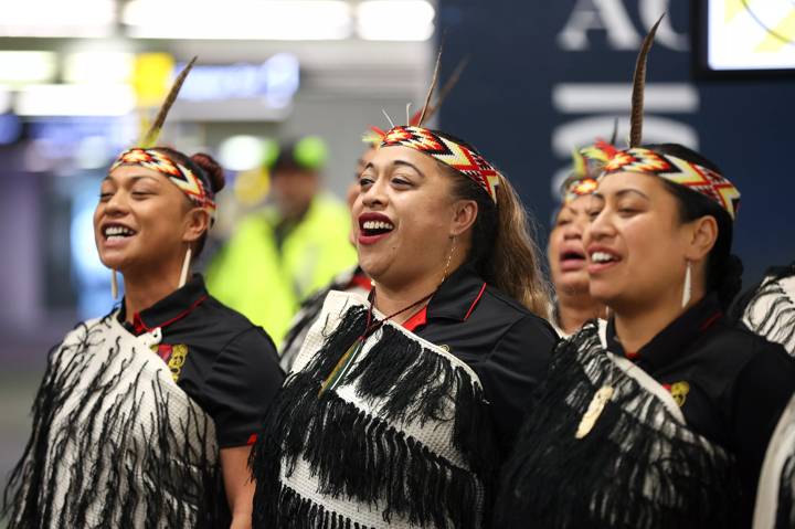 A Maori cultural group perform a powhiri