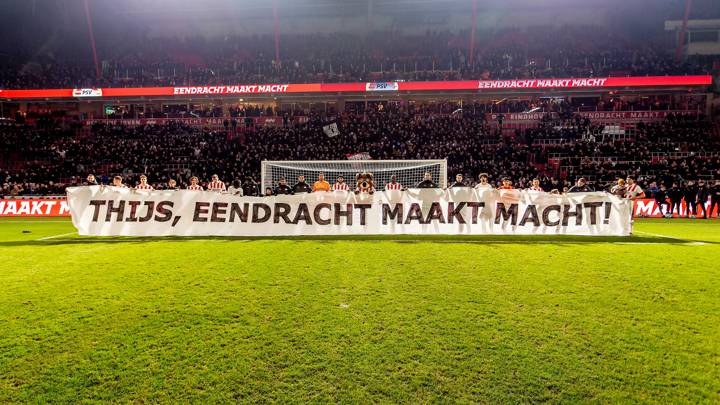 EINDHOVEN, 11-02-2023. Philips Stadion, Stadium of PSV. Dutch Eredivisie Divisie Football season 2022-2023. PSV - Groningen. PSV honors press manager Thijs Slegers whos terminally sick after the game PSV - Groningen (6-0). - Photo by Icon sport during the Eredivisie match between PSV Eindhoven and FC Groningen  at Philips Stadion on February 11, 2023 in Eindhoven, Netherlands. (Photo by ProShots/Icon Sport via Getty Images)