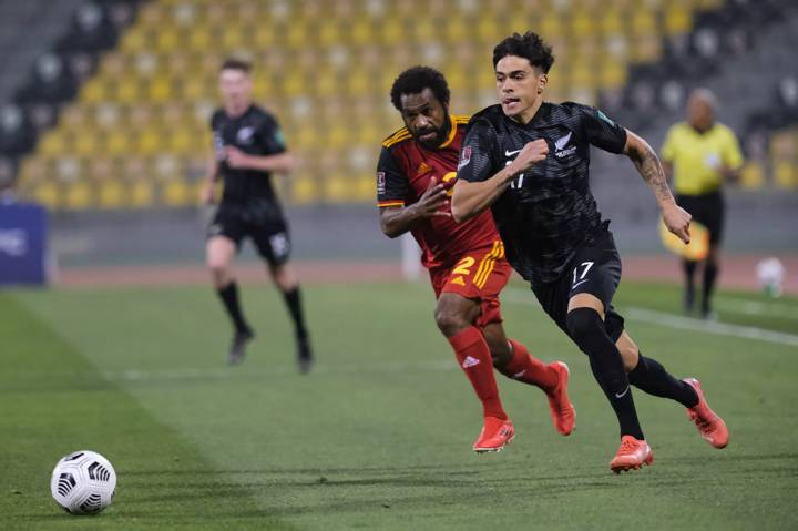 Logan Rogerson (17) of New Zealand on the ball.