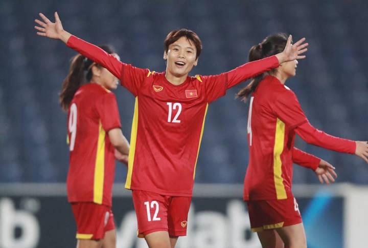 Pham Hai Yen of Vietnam #12 celebrates after scoring a goal.