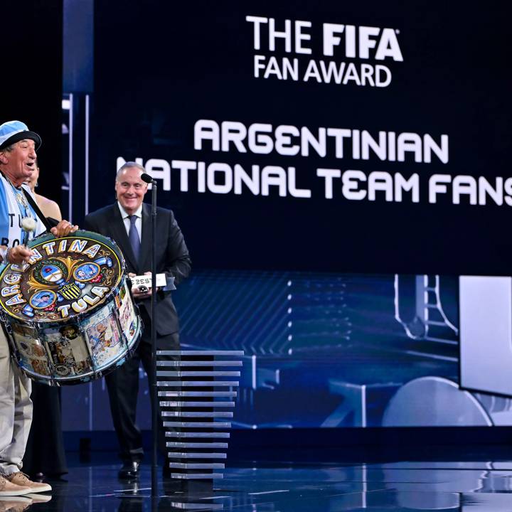 PARIS, FRANCE - FEBRUARY 27: Carlos Tula accepts The FIFA Fan Award on behalf of the Argentinian National team fans during The Best FIFA Football Awards 2022 at Salle Pleyel on February 27, 2023 in Paris, France. (Photo by Brendan Moran - FIFA/FIFA via Sportsfile)