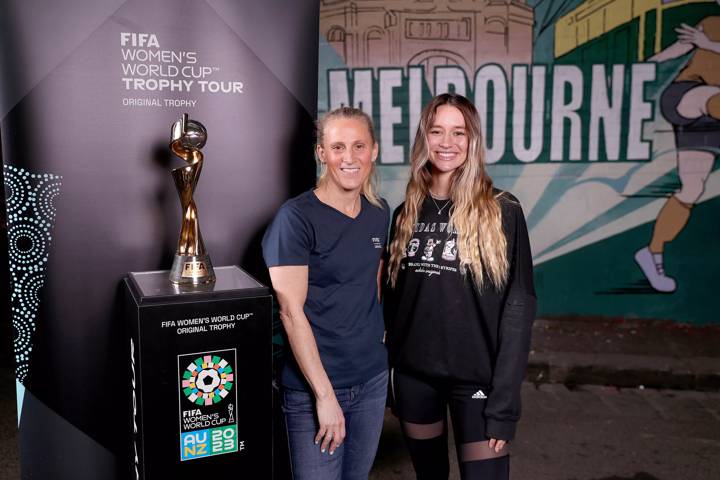 FIFA Women’s World Cup™ Trophy Tour - Kristine Lilly and Freestyler Lia Lewis pose with the Trophy