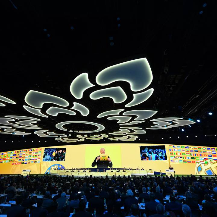 BANGKOK, THAILAND - MAY 17: A general view as Gianni Infantino, President of FIFA holds the winning ballet of Brazil as they are announced to be the host country of the 2027 FIFA Women's World Cup during the 74th FIFA Congress 2024 at the Queen Sirikit National Convention Center (QSNCC) on May 17, 2024 in Bangkok, Thailand. (Photo by Apinya Rittipo - FIFA/FIFA via Getty Images)