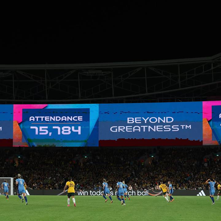 SYDNEY, AUSTRALIA - AUGUST 16: A general view of the inside of the stadium, as the LED Screen displays the match attendance of 75,784, during the FIFA Women's World Cup Australia & New Zealand 2023 Semi Final match between Australia and England at Stadium Australia on August 16, 2023 in Sydney, Australia. (Photo by Cameron Spencer/Getty Images)