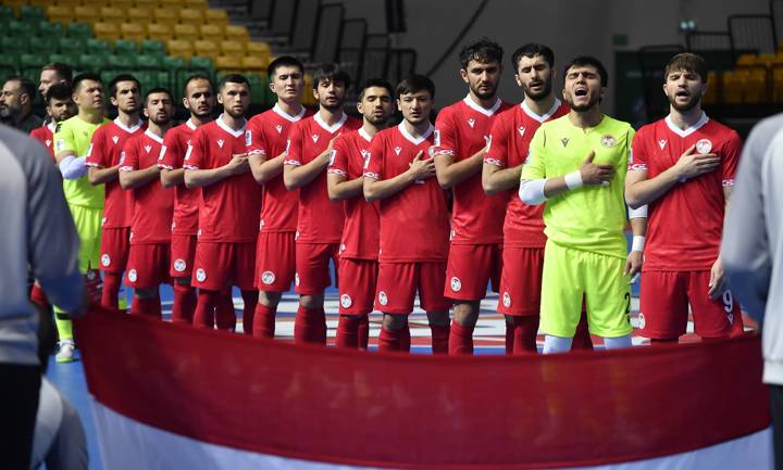 The Tajikistan players sing the national anthem at the AFC Futsal Asian Cup 2024