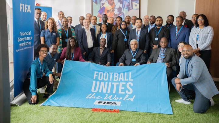 KIGALI,RWANDA - NOVEMBER 28: A group photo during the Financial Governance Workshop Kigali, Day 1 on November 28, 2023 in Kigali,Rwanda. (Photo by Logan Aimable/FIFA)