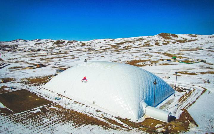 A bird's eye view of newly constructed air-dome at the MFF National Teams Training Centre in Tuv Province, Mongolia