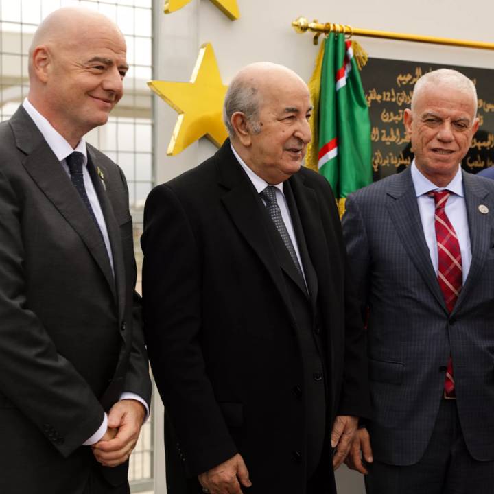 ALGIERS, ALGERIA - JANUARY 12: (L-R) FIFA President Gianni Infantino, President of Algeria Abdelmadjid Tebboune, Algerian Football Federation President Djahid Zefizef, FIFA Vice-President and CAF President Patrice Motsepe and Mandla Mandela during Inauguration of Nelson Mandela Stadium on January 12, 2023 in Algiers, Algeria. (Photo by Lee. W. Swartz/FIFA)