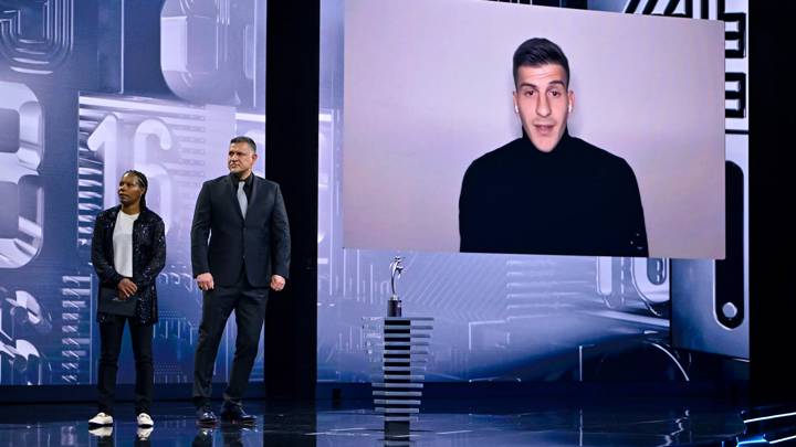 PARIS, FRANCE - FEBRUARY 27: Luka Lochoshvili accepts the FIFA Fair Play Award via video link during The Best FIFA Football Awards 2022 at Salle Pleyel on February 27, 2023 in Paris, France. (Photo by Brendan Moran - FIFA/FIFA via Sportsfile)