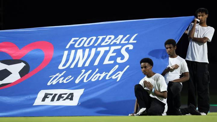 JEDDAH, SAUDI ARABIA - MARCH 25: A detailed view of the 'Football Unites The World' flag prior to the FIFA Series 2024 Saudi Arabia match between Guinea and Bermuda at King Abdullah Sports City on March 25, 2024 in Jeddah, Saudi Arabia. (Photo by Yasser Bakhsh - FIFA/FIFA via Getty Images)