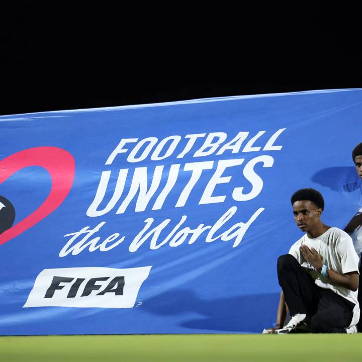 JEDDAH, SAUDI ARABIA - MARCH 25: A detailed view of the 'Football Unites The World' flag prior to the FIFA Series 2024 Saudi Arabia match between Guinea and Bermuda at King Abdullah Sports City on March 25, 2024 in Jeddah, Saudi Arabia. (Photo by Yasser Bakhsh - FIFA/FIFA via Getty Images)