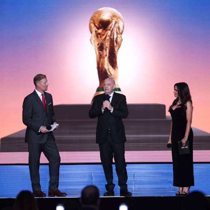 LOS ANGELES, CALIFORNIA - MAY 17: (L-R) Alexi Lalas, President of FIFA Gianni Infantino, and Ana Jurka speak onstage during the FIFA World Cup 2026™️ Official Brand Launch at the Griffiths Observatory on May 17, 2023 in Los Angeles, California. (Photo by Katelyn Mulcahy - FIFA/FIFA via Getty Images)