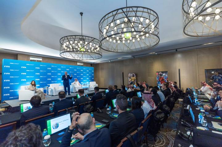 JEDDAH, SAUDI ARABIA - DECEMBER 14: FIFA President Gianni Infantino speaks during the FIFA Diploma in Club Management on December 14, 2023 in Jeddah, Saudi Arabia (Photo by Yasser Bakhsh - FIFA/FIFA via Getty Images)