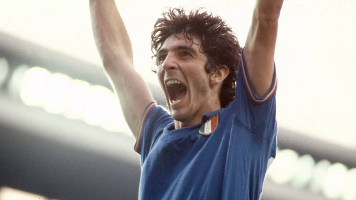 Italy striker Paulo Rossi celebrates scoring in the 1982 FIFA World Cup Final