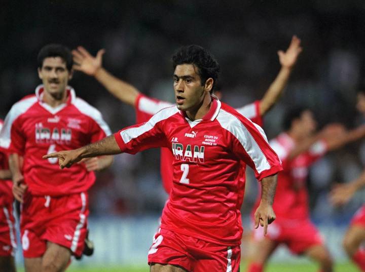 IR Iran's Mehdi Mahdavikia celebrates after scoring against USA at the 1998 FIFA World Cup