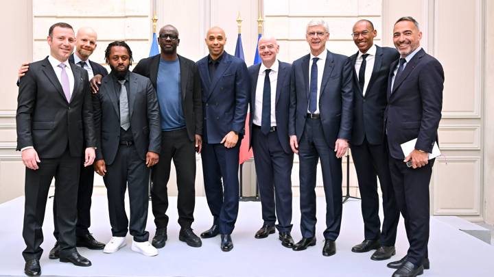 PARIS, FRANCE - MAY 21: (L-R) FIFA Director Member Associations Europe Elkhan Mammado, FIFA Secretary General Mattias Grafström, FIFA Legend Bernard Diomede, FIFA Legend Lilian Thuram, FIFA Legend Thierry Henry, FIFA President Gianni Infantino, FIFA Chief of Global Football Development Arsène Wenger, FIFA Chief Member Associations Officer Kenny Jean-Marie and FIFA Senior Football Advisor Youri Djorkaeff as FIFA celebrates 120th anniversary of foundation in Paris at Élysée Palace on May 21, 2024 in Paris, France. (Photo by Harold Cunningham/FIFA)