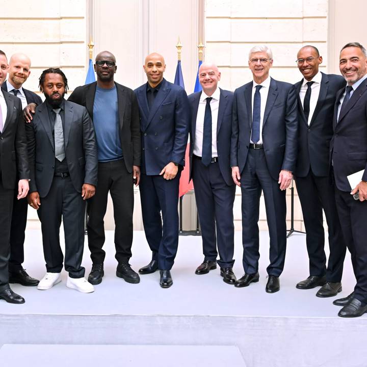 PARIS, FRANCE - MAY 21: (L-R) FIFA Director Member Associations Europe Elkhan Mammado, FIFA Secretary General Mattias Grafström, FIFA Legend Bernard Diomede, FIFA Legend Lilian Thuram, FIFA Legend Thierry Henry, FIFA President Gianni Infantino, FIFA Chief of Global Football Development Arsène Wenger, FIFA Chief Member Associations Officer Kenny Jean-Marie and FIFA Senior Football Advisor Youri Djorkaeff as FIFA celebrates 120th anniversary of foundation in Paris at Élysée Palace on May 21, 2024 in Paris, France. (Photo by Harold Cunningham/FIFA)