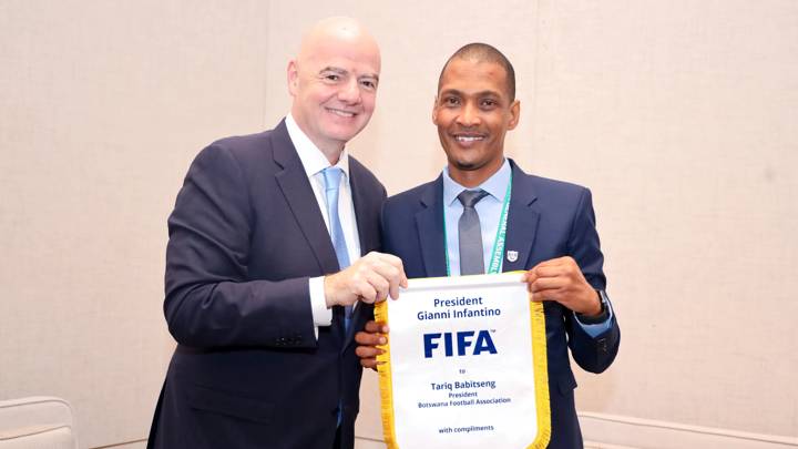 ADDIS ABABA, ETHIOPIA - OCTOBER 22: FIFA President Gianni Infantino meets with Botswana Football Association President Tariq Babitseng after the 46th CAF Ordinary General Assembly on October 22, 2024 in Addis Ababa, Ethiopia. (Photo by Ephrem Feleke Birhane/FIFA)