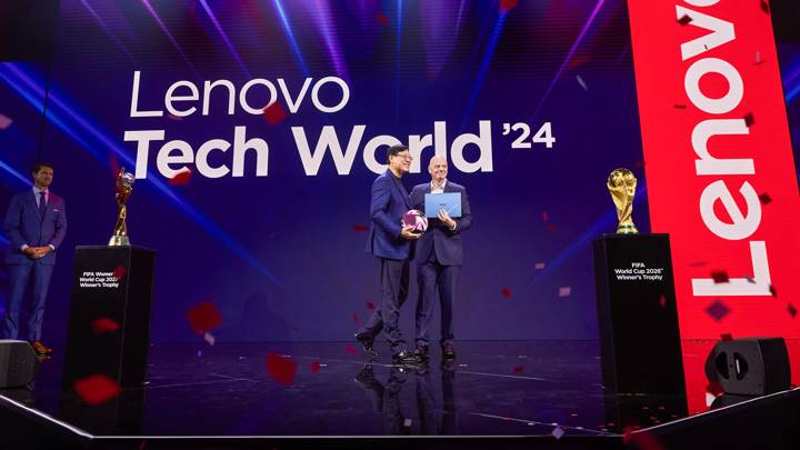 SEATTLE, UNITED STATES - OCTOBER 14: FIFA President Gianni Infantino and Lenovo Chairman and CEO Yuanqing Yang appear on stage during Lenovo tech world 2024. (Photo courtesy Lenovo)