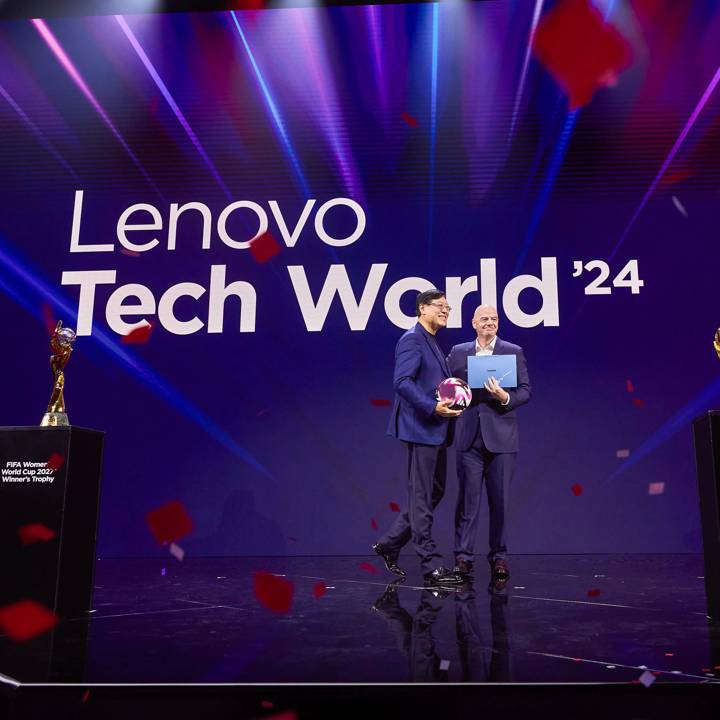 SEATTLE, UNITED STATES - OCTOBER 14: FIFA President Gianni Infantino and Lenovo Chairman and CEO Yuanqing Yang appear on stage during Lenovo tech world 2024. (Photo courtesy Lenovo)