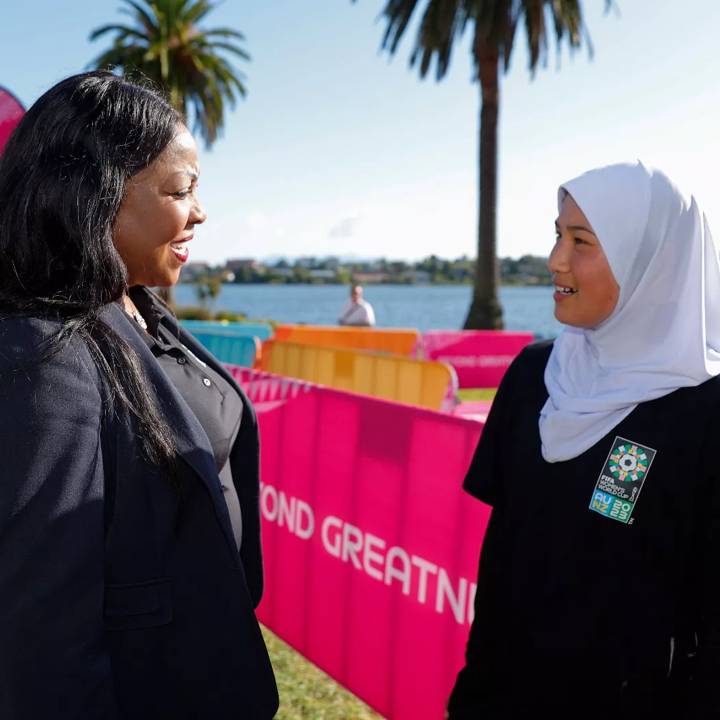 FIFA Secretary General Fatma Samoura with local resident Fatima at the Hamilton / Kirikiriroa Unity Pitch.