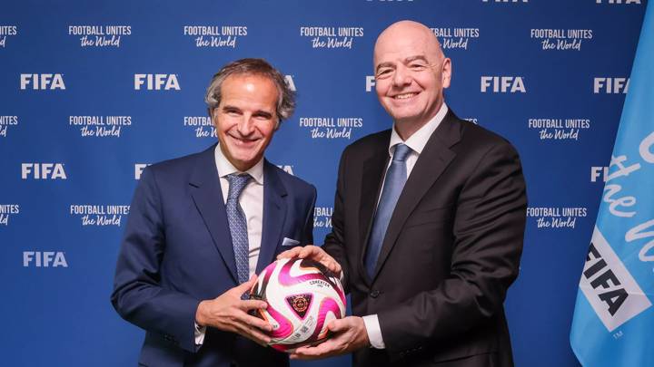 ZURICH, SWITZERLAND - MAY 23: FIFA President Gianni Infantino with IAEA Director General Rafael Mariano Grossi during a bilateral meeting between FIFA And IAEA at Home of FIFA on May 23, 2024 in Zurich, Switzerland. (Photo by Arnd Wiegmann/FIFA)