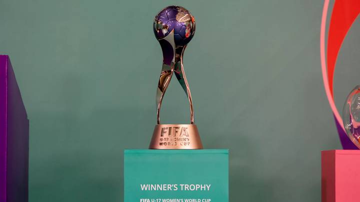 SANTO DOMINGO, DOMINICAN REPUBLIC - JUNE 22: The FIFA U-17 Women's World Cup Trophy is displayed on stage during the official draw of FIFA U-17 Women's World Cup Dominican Republic 2024 in  Fray Anton de Montesinos Monument on June 22, 2024 in Santo Domingo, Dominican Republic.(Photo by Jaydee Lee Serrano - FIFA/FIFA via Getty Images)