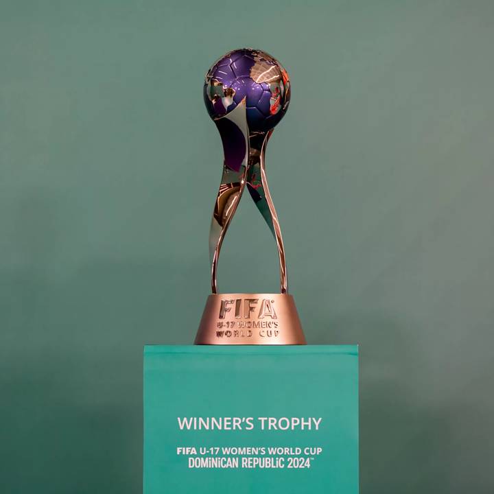 SANTO DOMINGO, DOMINICAN REPUBLIC - JUNE 22: The FIFA U-17 Women's World Cup Trophy is displayed on stage during the official draw of FIFA U-17 Women's World Cup Dominican Republic 2024 in  Fray Anton de Montesinos Monument on June 22, 2024 in Santo Domingo, Dominican Republic.(Photo by Jaydee Lee Serrano - FIFA/FIFA via Getty Images)