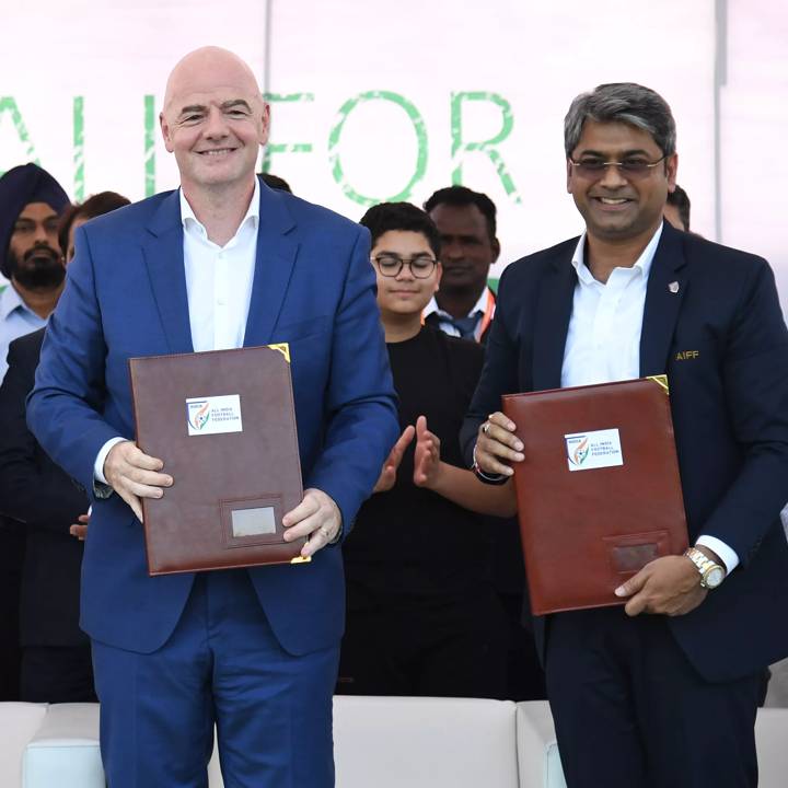 MUMBAI, INDIA - OCTOBER 30: FIFA President Gianni Infantino visits a FIFA Football for Schools (F4S) programme in Mumbai ahead of the FIFA U17 Women’s World Cup Final in Mumbai India on October 30, 2022. Football for Schools (F4S) is an ambitious programme run by FIFA, in collaboration with UNESCO, which aims to contribute to the education, development and empowerment of around 700 million children. (Photo by Masashi Hara  - FIFA/FIFA via Getty Images)