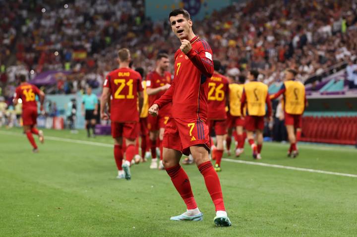 Alvaro Morata of Spain celebrates their team's first goal