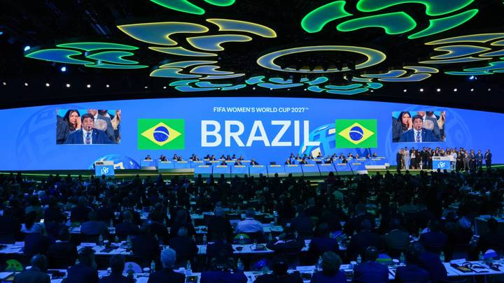 BANGKOK, THAILAND - MAY 17: FIFA Council Member and Brazilian Football Confederation President Ednaldo Rodrigues speaks on stage after Brazil are announced as the hosts for the FIFA Women's World Cup 2027 during the 74th FIFA Congress 2024 at The Queen Sirikit National Convention Center on May 17, 2024 in Bangkok, Thailand. (Photo by Pascal Bitz / FIFA)