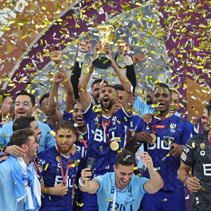 Hilal's players celebrate winning the Lusail Super Cup football match between Saudi Arabia's Al-Hilal and Egypt's Zamalek at the Lusail Stadium on the outskirts of Qatar's capital Doha on September 9, 2022. (Photo by Karim JAAFAR / AFP) (Photo by KARIM JAAFAR/AFP via Getty Images)