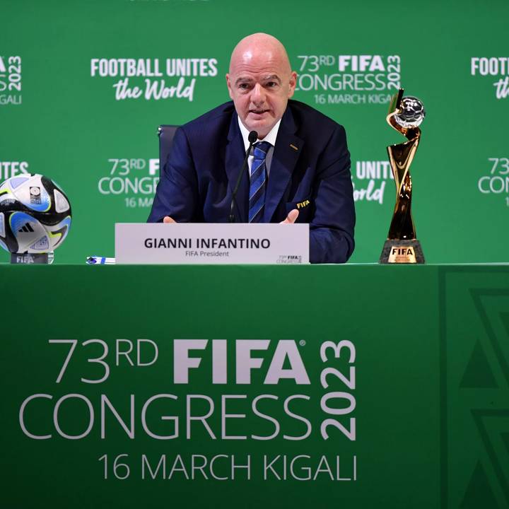 KIGALI, RWANDA - MARCH 16: Gianni Infantino, President of FIFA speaks to the media during a FIFA Congress Press Conference on March 16, 2023 in Kigali, Rwanda. (Photo by Tom Dulat - FIFA/FIFA via Getty Images)