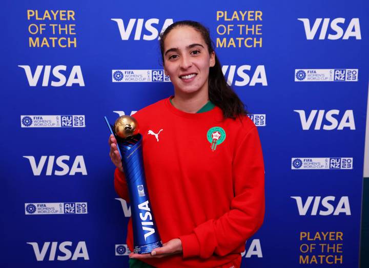 Anissa Lahmari of Morocco poses for a photo with her VISA Player of the Match award after the FIFA Women's World Cup Australia & New Zealand 2023 Group H match between Morocco and Colombia